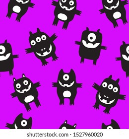 Happy Monsters Seamless Pattern, Happy Halloween Pattern With Cute Monsters, Violet Background