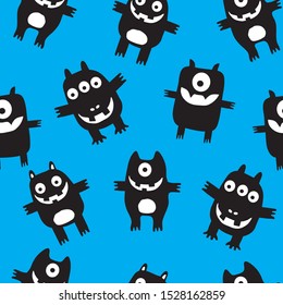 Happy Monsters Seamless Pattern on Blue Background, Happy Halloween Pattern With Cute Monsters