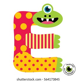 Happy Monsters Vector Alphabet Letters, for classroom poster, stickers or magnets.
Letter E in kind colorful style for kids education. Vector EPS 10.