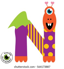 Happy Monsters Vector Alphabet Letters, for classroom poster, stickers or magnets.
Letter N in kind colorful style for kids education. Vector EPS 10.
