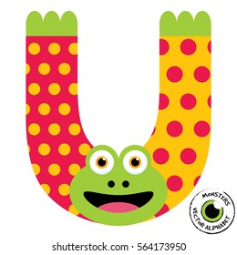 Happy Monsters Vector Alphabet Letters, for classroom poster, stickers or magnets.
Letter U in kind colorful style for kids education. Vector EPS 10.