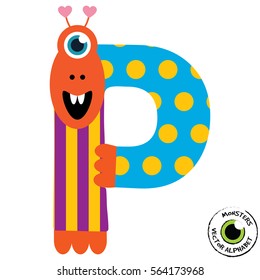 Happy Monsters Vector Alphabet Letters, for classroom poster, stickers or magnets.
Letter P in kind colorful style for kids education. Vector EPS 10.