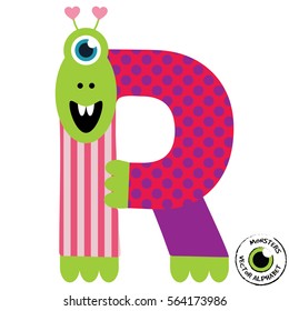 Happy Monsters Vector Alphabet Letters, for classroom poster, stickers or magnets.
Letter R in kind colorful style for kids education. Vector EPS 10.