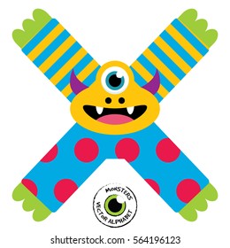 Happy Monsters Vector Alphabet Letters, for classroom poster, stickers or magnets.
Letter X in kind colorful style for kids education. Vector EPS 10.