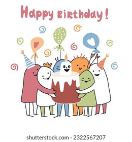 Happy Monsters who bring a cake with a funny monster candle on it. Cartoon illustration for birthday, greeting with lettering Happy birthday. Event celebration concept vector sublimation.