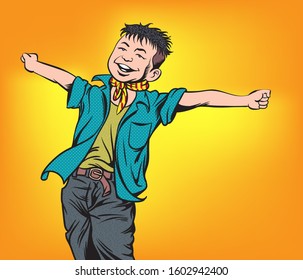 Happy mood boy.Pop art vector illustration drawing. Comic book work style.
