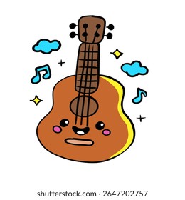 Happy mood cute cartoon guitar line art with musical notes.