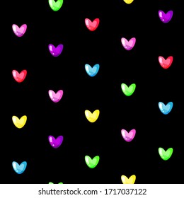 Happy mood. Endless texture of multicolor hearts placed in regular order isolated on the black background. Vector seamless pattern in cartoon style for print and decoration