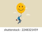 Happy mood. feeling and expression. A man floats in the sky and holding yellow balloon with smile. illustration