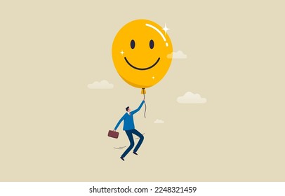 Feliz ánimo. sentimiento y expresión. Un hombre flota en el cielo y sostiene un globo amarillo con una sonrisa. ilustración