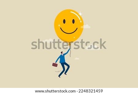 Happy mood. feeling and expression. A man floats in the sky and holding yellow balloon with smile. illustration