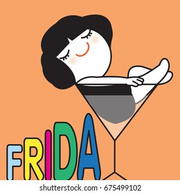 Happy Mood Girl On Friday Laying Into A Glass Of Martini Concept Card Character illustration