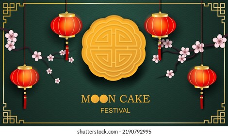 Happy moon cake festival , Chinese Mid Autumn Festival. Design with lamp and moon cake on dark green background. vector.