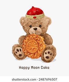 happy moon cake slogan with cute bear doll holding chinese moon cake vector illustration