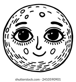 happy moon character with eyes nose mouth isolated on white background doodle hand drawn Y2K grunge black outline vector illustration