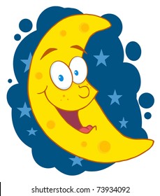 Happy Moon Mascot Cartoon Character In The Sky