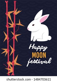 Happy moon and mid autumn festival card with rabbit cartoons, autumn season poster, chinese and asian celebration. vector illustration graphic design.