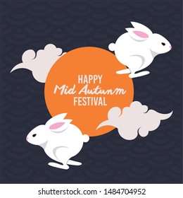 Happy moon and mid autumn festival card with rabbit cartoons, autumn season poster, chinese and asian celebration. vector illustration graphic design.