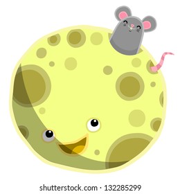 Happy moon with mouse inside - cartoon illustration