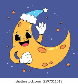 Happy moon with sleeping hat retro cartoon