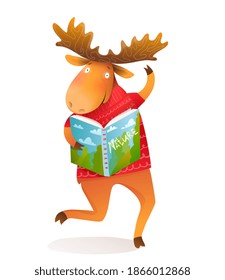 Happy Moose or Elk dancing and reading book about nature. Funny animal for kids wearing winter knitted sweater fantasy cartoon. Vector illustration.