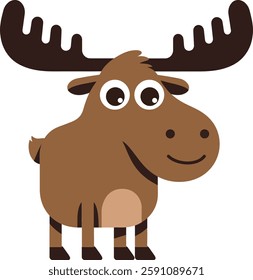 A happy moose stands with a cheerful expression, featuring large eyes and distinctive antlers, creating a whimsical atmosphere.