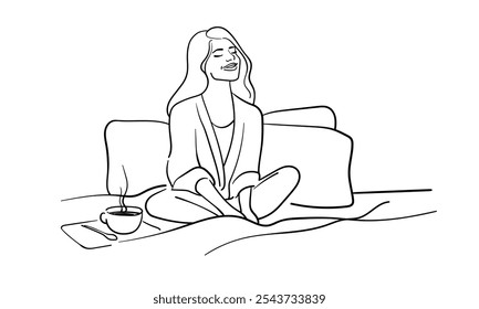 Feliz manhã na cama com café desenho de arte de linha contínua isolado no fundo branco. Feliz senhora relaxar linha de arte. Vetor ilustração