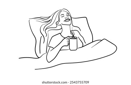 Happy morning in bed with coffee continuous line art drawing isolated on white background. Happy lady relax line art. Vector illustration