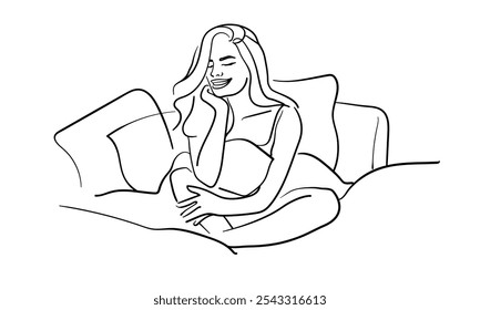 Happy morning in bed continuous line art drawing isolated on white background. Happy lady line art. Vector illustration