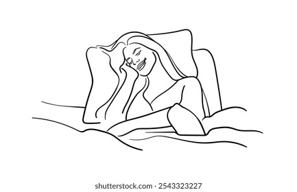 Happy morning in bed continuous line art drawing isolated on white background. Happy lady relax line art. Vector illustration