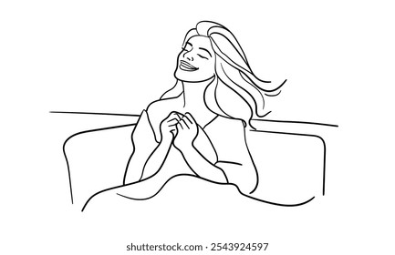 Feliz manhã na cama desenho de arte de linha contínua isolado no fundo branco. Feliz senhora relaxar linha de arte. Vetor ilustração