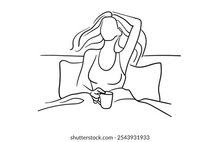 Happy morning in bed continuous line art drawing isolated on white background. Happy lady relax line art. Vector illustration