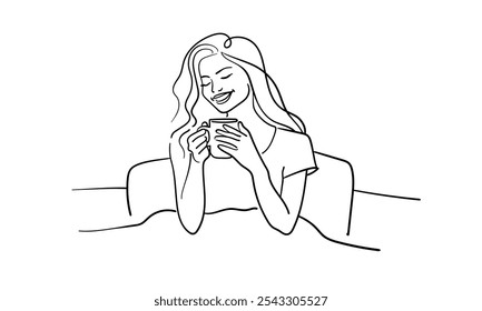 Manhã feliz na cama com desenho de arte de linha contínua de chá isolado no fundo branco. Feliz arte da linha da senhora. Ilustração vetorial