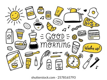 Happy morning routine and breakfast time doodle set with variety of hand drawn snack menu and beauty hygiene accessories. Cute scribble personal stuff to good day startup vector illustration