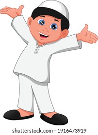 happy moslem boy cartoon isolated on white background