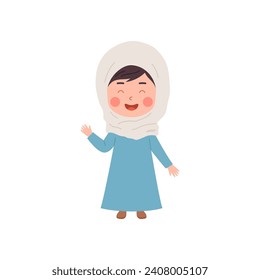 Happy Moslem child in national Arab clothing. Muslim girl in hijab and long dress laughs raised hand up vector isolated illustration. Cartoon cute kid with closed eyes, Islamic religious culture