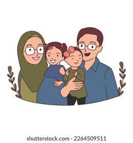 Happy moslem family concept flat vector illustration.  Happy together.  Portrait of four family members posing with parents with two daughters.  Perfect for campaign designs about family and parenting