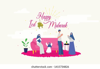 Happy Moslem Family Parent Father Mother and Sisters are celebrating Eid Mubarak Ramadhan Greetings Each Others at Home with Pink Sofa
