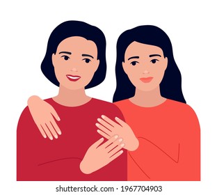 Happy Mother And Adult Teenage Daughter Are Hugging. Mothers Day Concept. Adult Sisters. Family Love. Family Understanding, Consent, Support. Vector Illustration