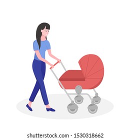 Happy mother with a baby carriage. Young woman rolls a stroller with a child. Trendy flat style. Vector illustration.