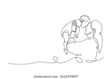 Happy mother and baby in continuous one line drawing. Single line art illustration of mother and child. Editable vector.