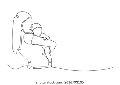 Happy mother and baby in continuous one line drawing. Single line art illustration of mother and child. Editable vector.