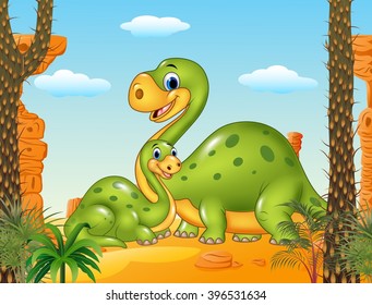 Happy mother with baby dinosaur in prehistoric background