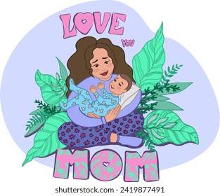 Happy Mother with a baby doodle colorful vector illustration. Hand drawn flat pastel color vector illustration of mother with a pretty baby with floral background. Happy Mother's Day