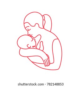 Happy Mother With Baby in Hands. Beautiful Woman Kiss Her Newborn. Line Art Vector Illustration