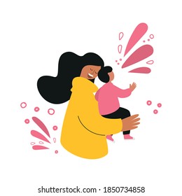 Happy mother with a baby in her arms. Concept for a mother's day greeting card. Vector illustration with women and children. Design element for postcards, posters, banners, and other uses.