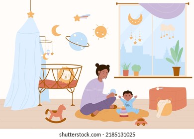 Happy Mother And Baby Kid Play Fun Game Together In Home Nursery. Young Woman And Boy Sitting On Floor Near Cute Cradle, Playing With Toys Vector Illustration. Childcare, Motherhood, Family Concept