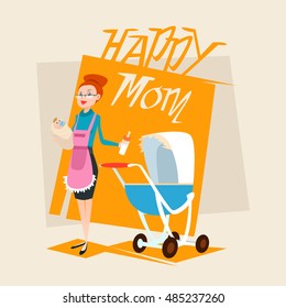 Happy Mother With Baby Newborn Pram Flat Vector Illustration