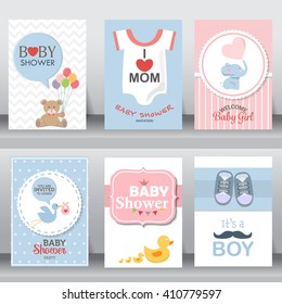 happy mother and baby shower for newborn celebration greeting and invitation card. shoe, dress, bird, elephant, brochure layout template in A4 size. vector illustration.