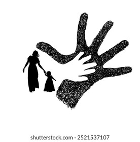 Happy Mother and Baby. Silhouette of a mother holding a child's hand, a symbol of care. hand drawn. Not AI, Vector illustration.